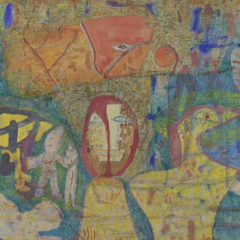 Bunte Zeichnung von Gerard Altenbourg im Querformat mit mehreren fischähnlichen Figuren.